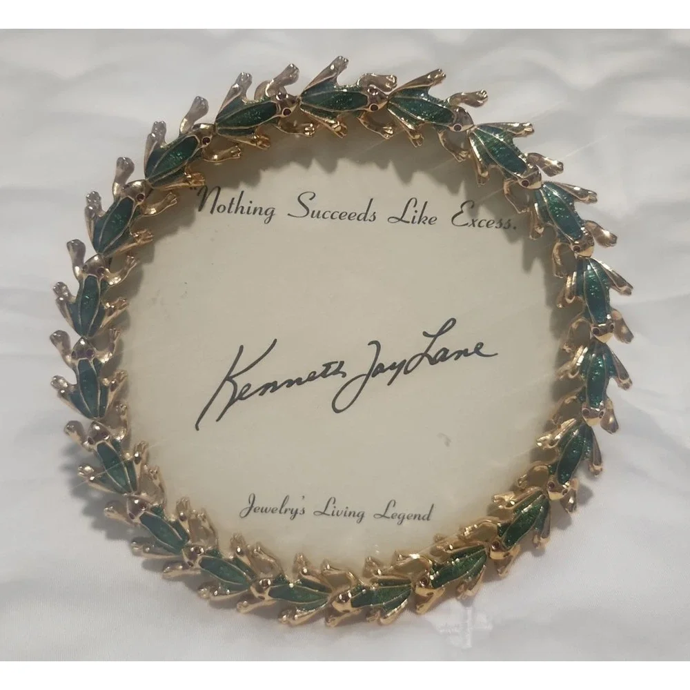 Kenneth Jay Lane Signed Gold Tone Frog Picture Frame Green Red Enamel Vintage